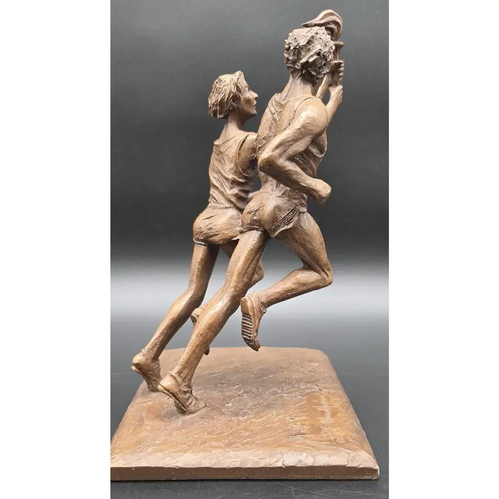 Vintage Bronze Olympic Runners Torch Sculpture 9.75